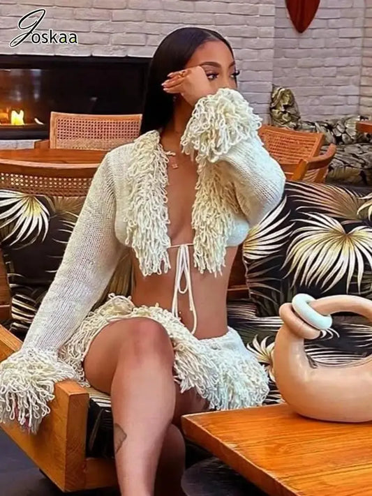 Joskaa knitted tassels 2 piece set; sexy long sleeve clubwear for autumn/winter.