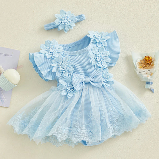 3D Flower Summer Baby Girls Romper Princess Mesh Newborn Clothes Lace Patchwork Ruffle Bodysuit Dress Headband Kids Clothing Good Vibrations