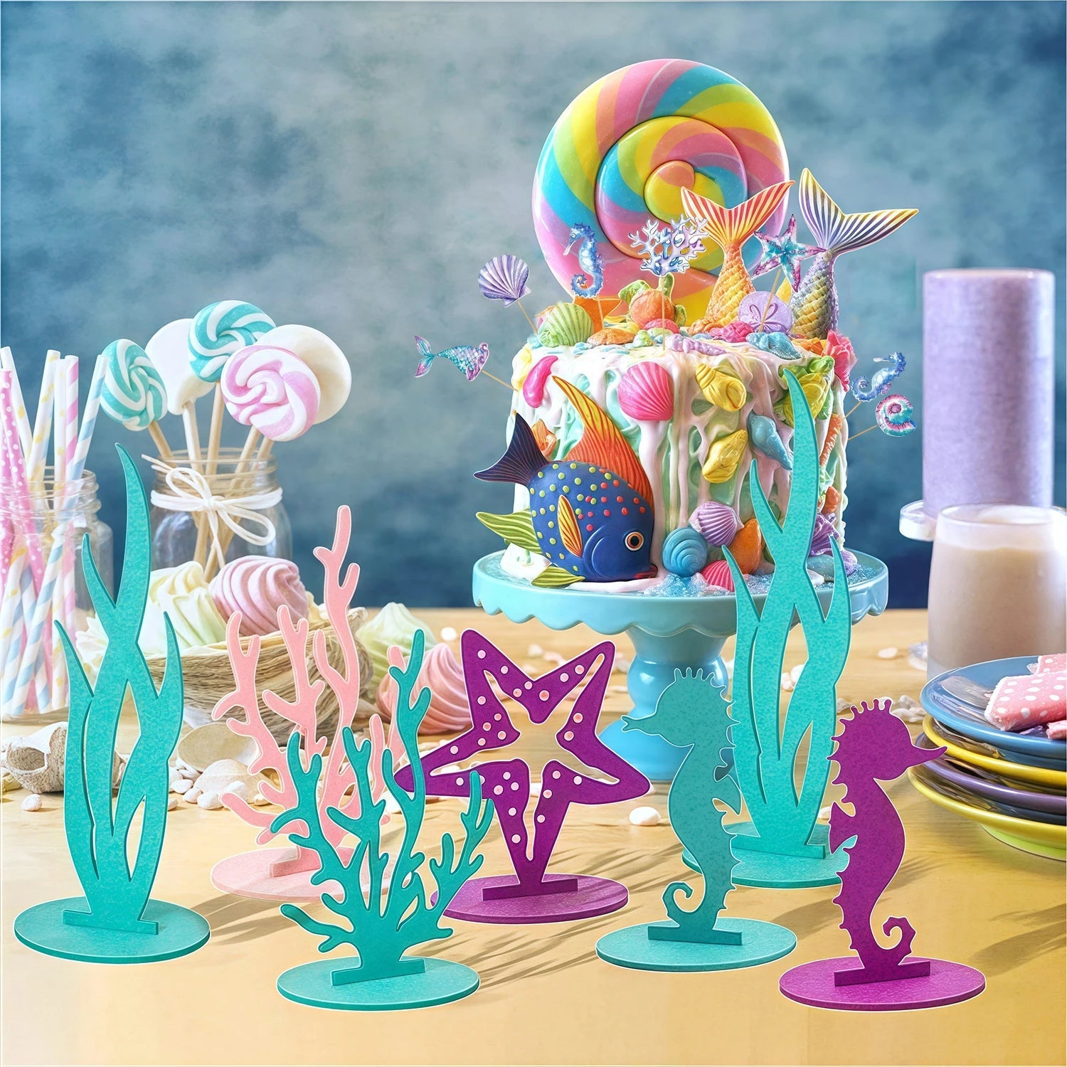 12Pcs Mermaid Felt Table Centerpiece, Mermaid Cake Toppers, Baby Shower Decorations Supplies, Little Mermaid Birthday Decoration Good Vibrations