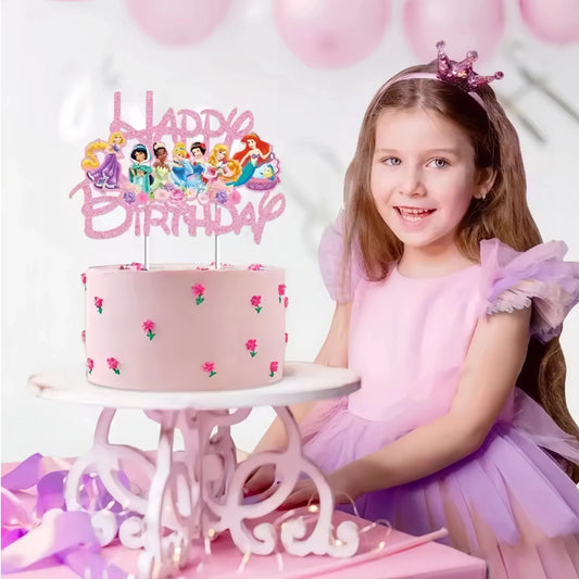Princess Cake Toppers for Girls Birthday Cake Decoration Cinderella Mermaid Rapunzel Cake Toppers Pink Glitter Cake Flag Good Vibrations