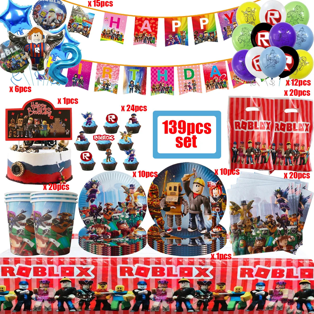 139PCS Roblox Birthday Decoration Party Kit Disposable Tableware Set Roblox Game Tablecloth Balloon Gift Bag Kids Party Supplies Good Vibrations
