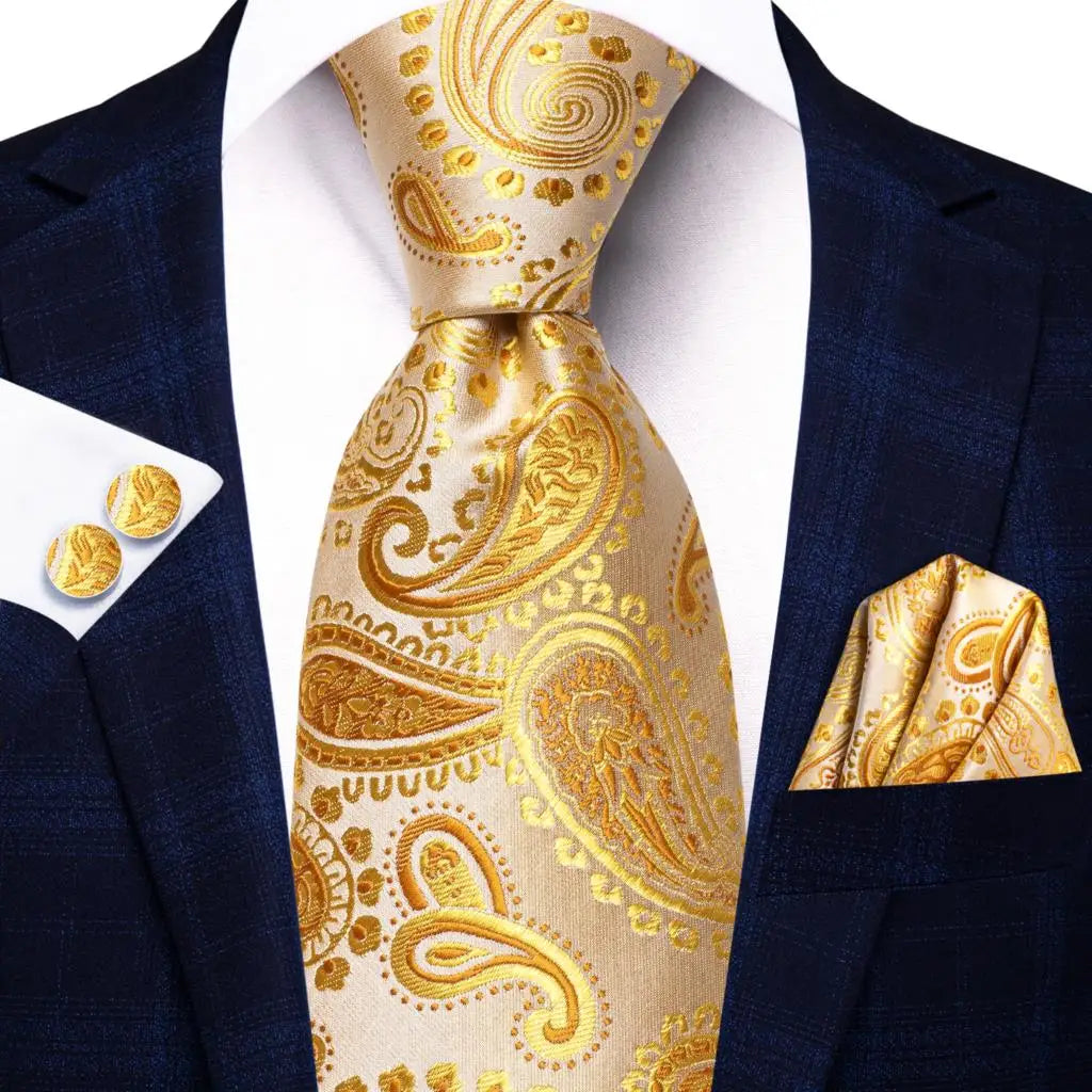 Hi-Tie Champagne Gold Striped Paisley Solid Men Silk Wedding Tie Fashion Design Necktie For Men Hanky Cufflink Business Party Good Vibrations