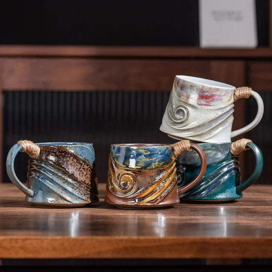 320ML Ceramic Mug Creative Spiral Hemp Rope Vintage Office Afternoon Tea Coffee Mug Living Room Decoration Household Cup Gift Good Vibrations