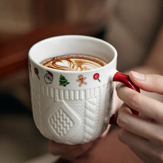 2Pcs/Set 12oz Ceramic Espresso Cups Porcelain Coffee Mugs Set for Tea Latte Cafe Mocha Couple Cozy Sweater Cups Christmas Gift L Good Vibrations