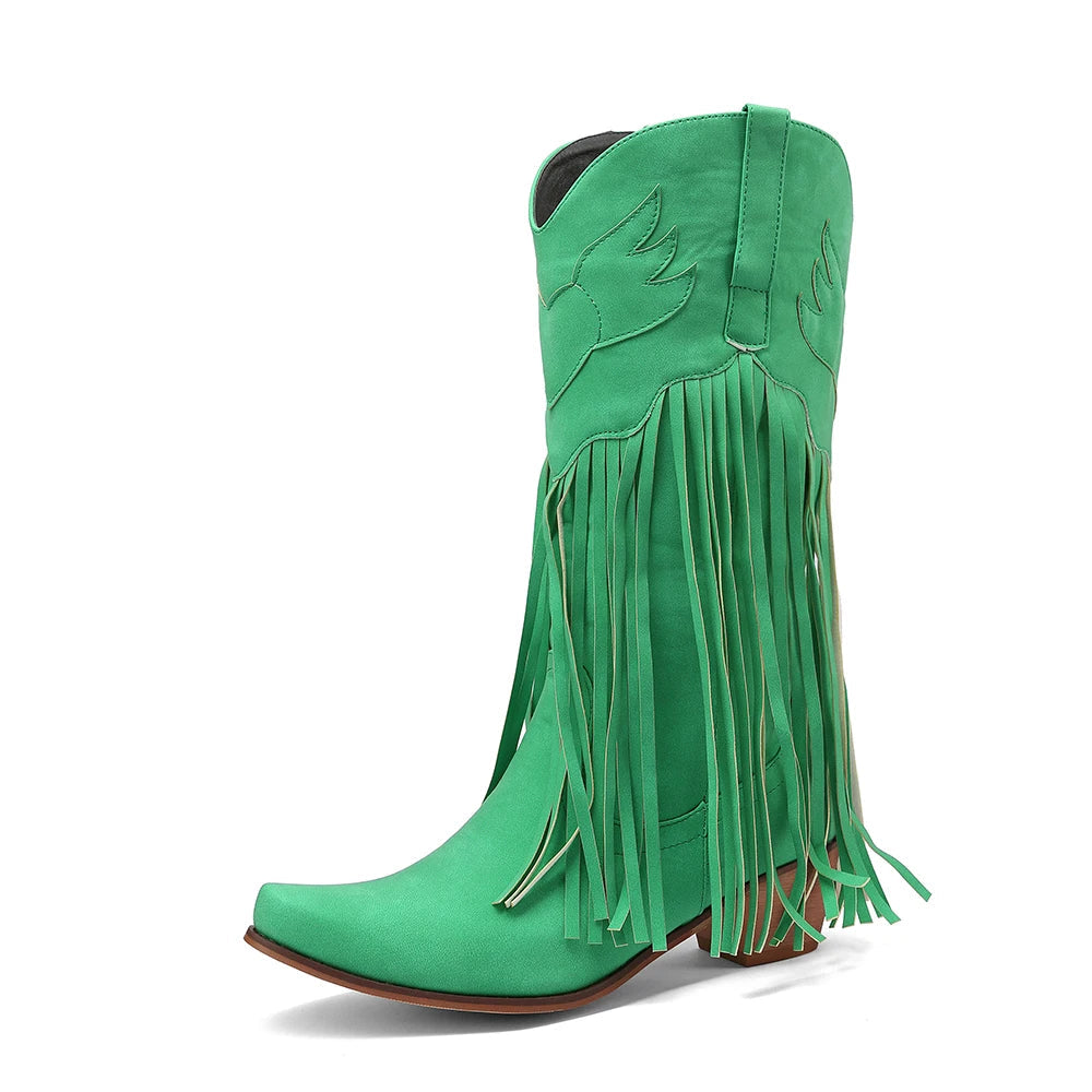 Women Mid-calf Cowboy Boots Retro Leather Tassel High Western Botas Winter Pointed Chunky Heels Booties Fashion Ladies Shoes Good Vibrations