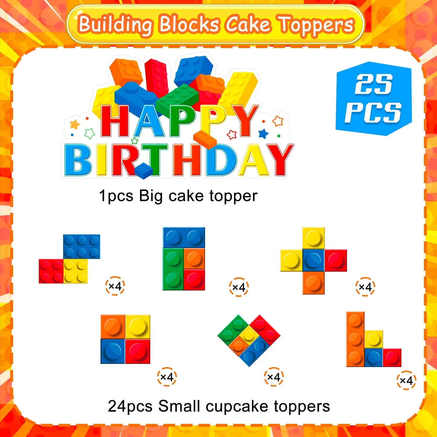 Building Blocks Cake Topper, 24 Pcs Building Block Birthday Party Cupcake Toppers + 1 Pcs Building Block Birthday Cake Topper Good Vibrations