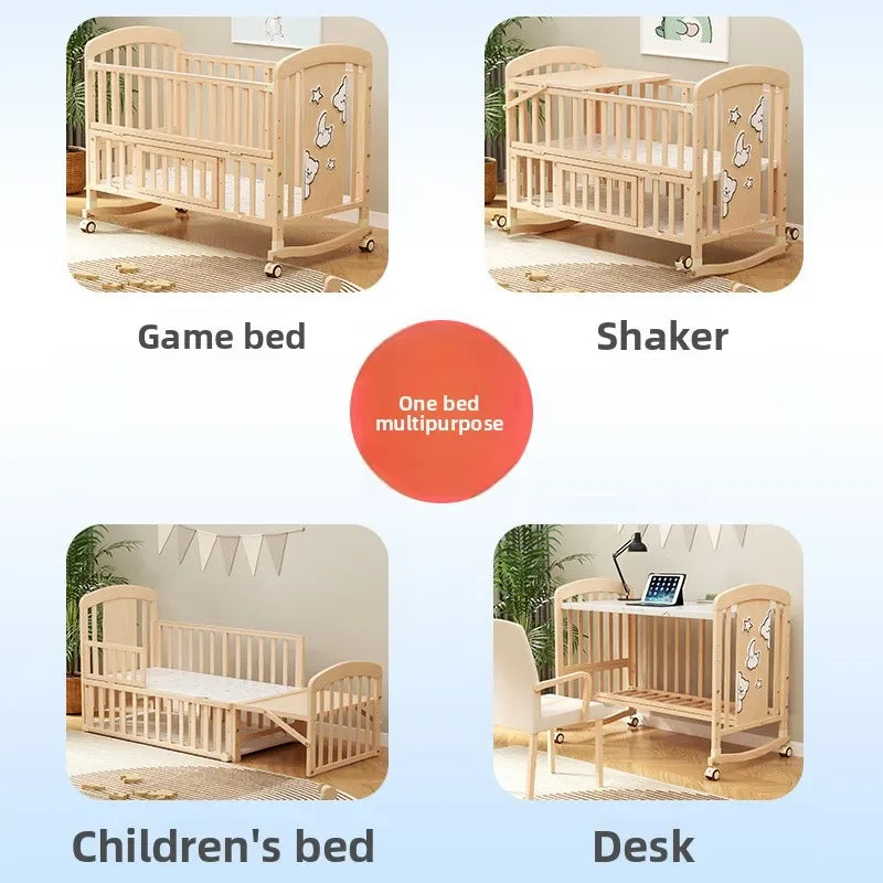2025 New Baby Comfortable Sleeping Bed Solid Wood Newborn Baby Bed Multifunctional Baby Rocking Bed with Wheels and Mosquito Net Good Vibrations