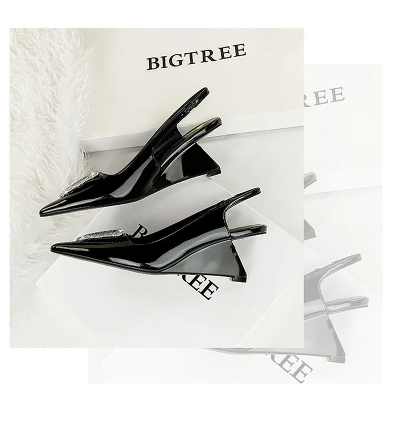 Wedges Women Shoes High Heel Shallow Pointed Toe Hollow Back Straps Patent Leather Triangle Metal Crystal Buckle Pumps Good Vibrations
