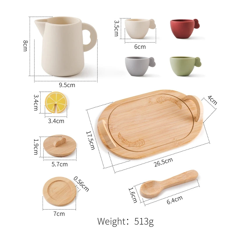 Wooden Montessori Toys Toddler Pretend Play Tea Party Set Silicone Teapot Cups Wood Tray Scoop Toys for Kids Birthday Gift Good Vibrations