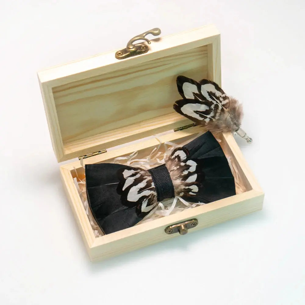 Wedding Bow Tie for Men handmade feather bow tie black white Pre-tied bowtie brooch wooden box Set for Party birthday Gift Good Vibrations