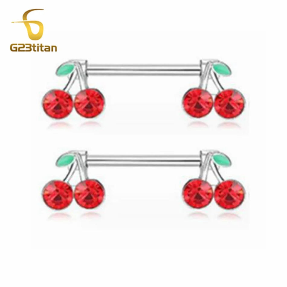 2pcs 14G Titanium Barbell Sweet Cute Cherry Shaped Zircon Breast Ring For Women Body Piercing Sexy Nipple Ring Jewelry Ornament Good Vibrations Adult Super Store