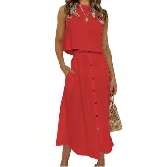 Summer Outfits For Women 2023 New Casual Cotton Linen Suit Loose Sleeveless Vest Single-breasted Skirt 2 Piece Set Women Outfit Good Vibrations
