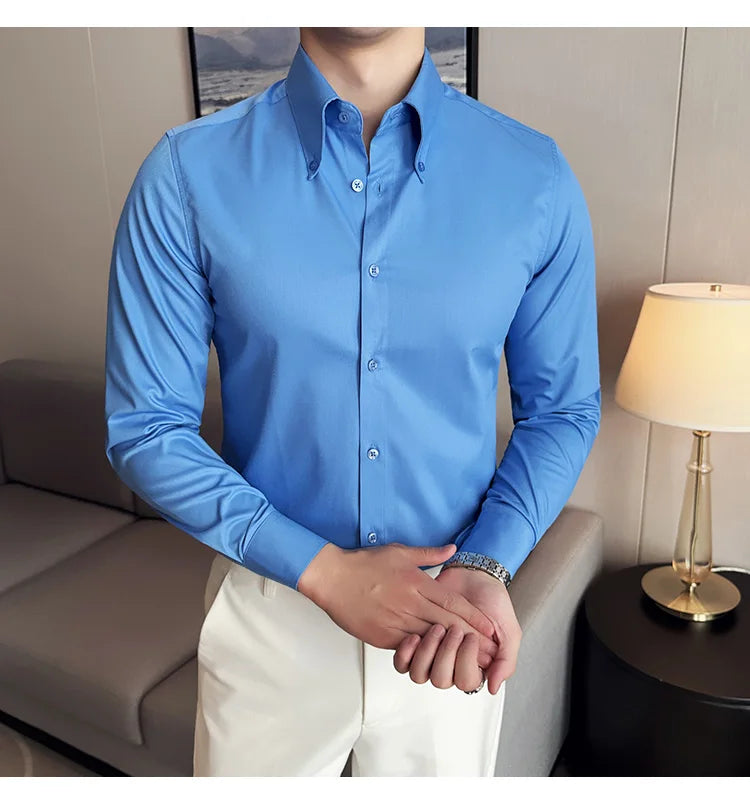 High Quality Versatile Business Casual Shirt Men Korean Fashion Long Sleeved Slim Fit Shirt Office Work Uniform Men Clothing 6XL Good Vibrations