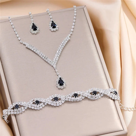 3 Pcs Luxury Rhinestone Bride Jewelry Set for Women Black Water Drop Crystal Earrings Wedding V Necklace Eye Bracelet Fashion Good Vibrations Adult Super Store