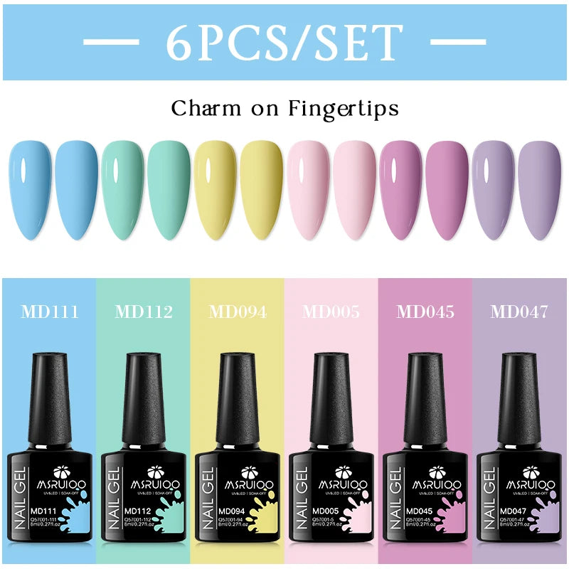 MSRUIOO 6pcs Nude Pink Gel Nail Polish Set Glitter Colorful Semi Permanent UV Gel Kits DIY Nail Art Painting Varnish Manicure Good Vibrations