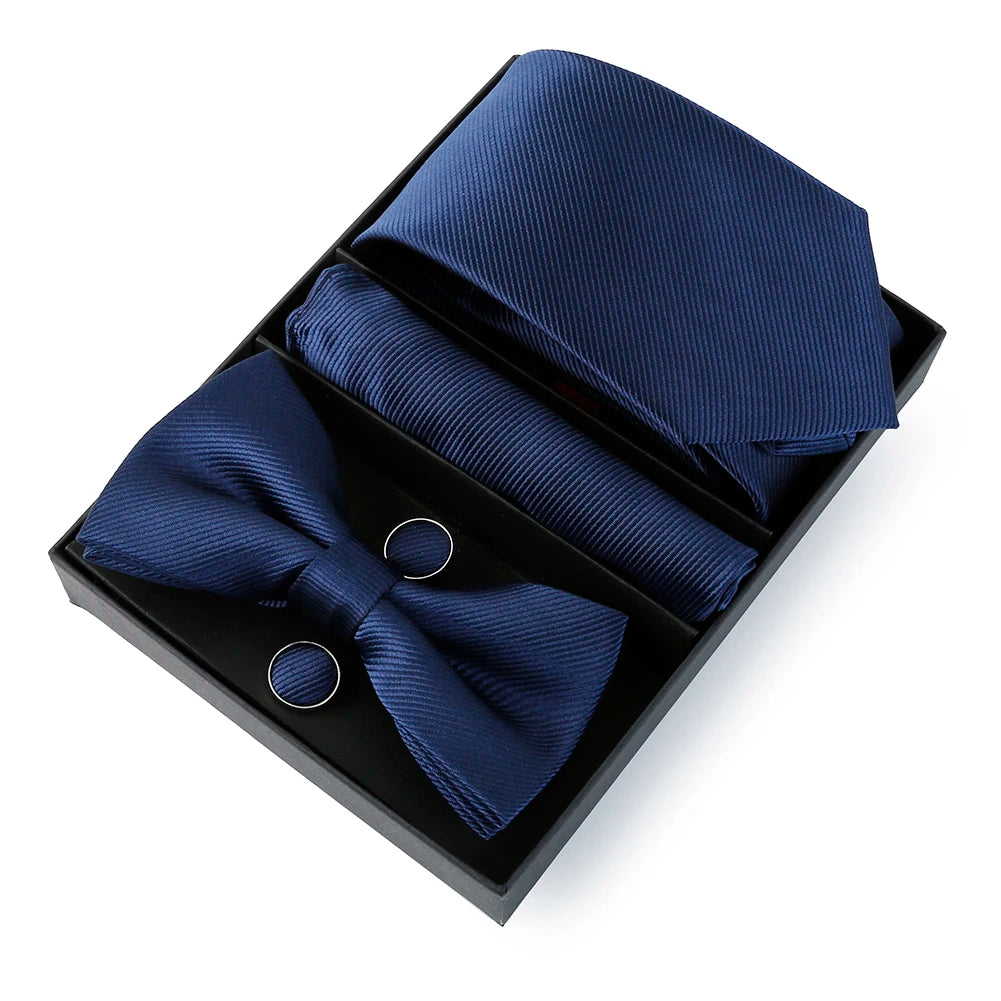 Mens Bussiness Ties Set With Bowtie Bow tie Necktie Square Towel Cufflinks For Groom Wedding Banquet Party Gift Box Accessories Good Vibrations