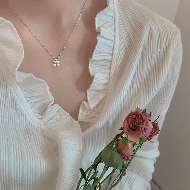 Huitan Chic Small Cherry Pendant Necklace for Women Simulated Pearl Accessories for Engagement Ceremony Zirconia Jewelry Gifts Good Vibrations
