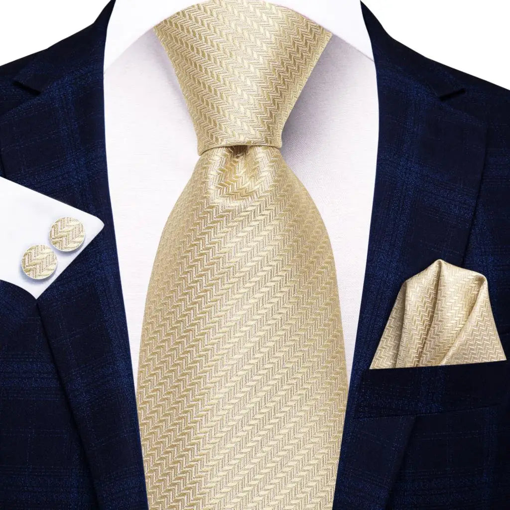 Hi-Tie Champagne Gold Striped Paisley Solid Men Silk Wedding Tie Fashion Design Necktie For Men Hanky Cufflink Business Party Good Vibrations