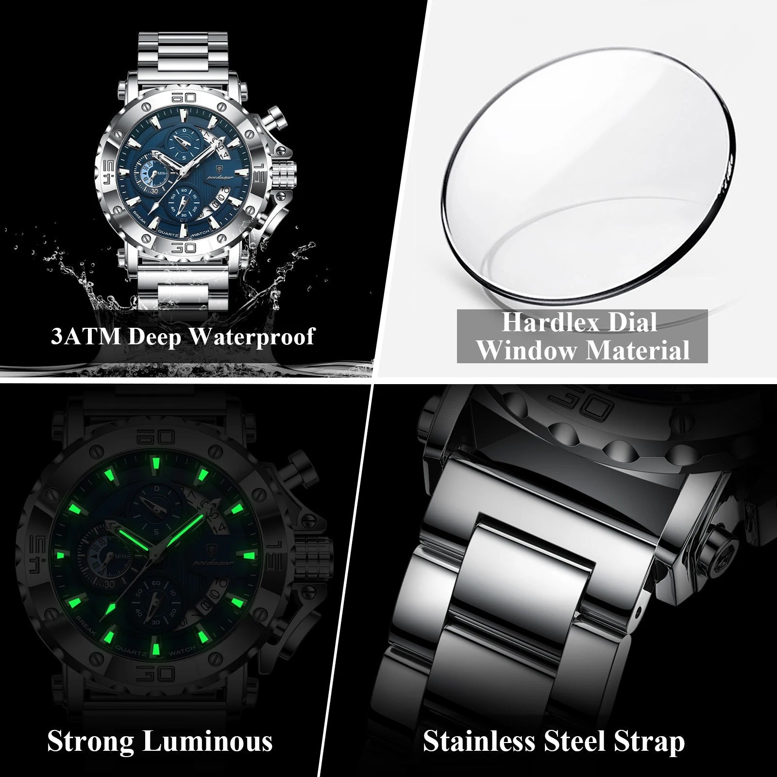 POEDAGAR Luxury Watch For Men Calendar Luminous Waterproof Man Clock Male Chronograph Stainless Steel Men's Quartz Watches Reloj Good Vibrations