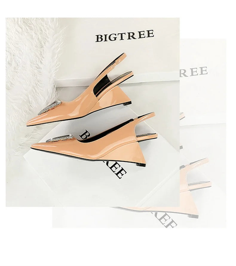 Wedges Women Shoes High Heel Shallow Pointed Toe Hollow Back Straps Patent Leather Triangle Metal Crystal Buckle Pumps Good Vibrations