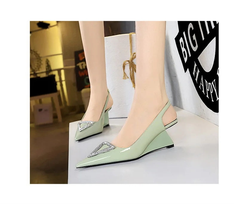 Wedges Women Shoes High Heel Shallow Pointed Toe Hollow Back Straps Patent Leather Triangle Metal Crystal Buckle Pumps Good Vibrations