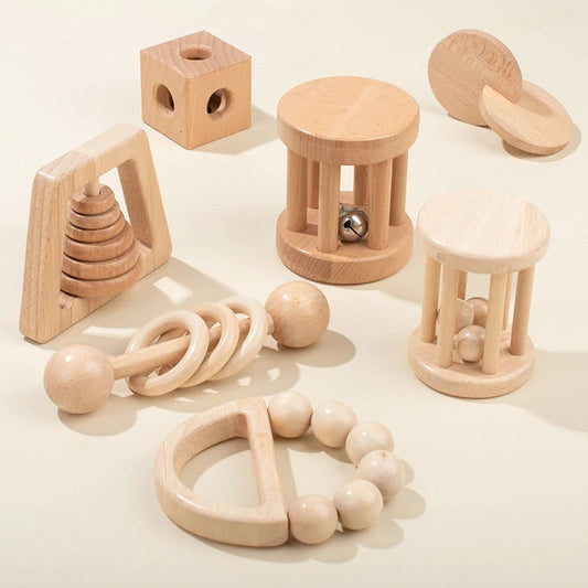 Montessori Wooden Toys Colorful Baby Rattle Set Safe Food Grade Wood Rattle Soother Bracelet Set Toddler Toy Bell Gift Good Vibrations
