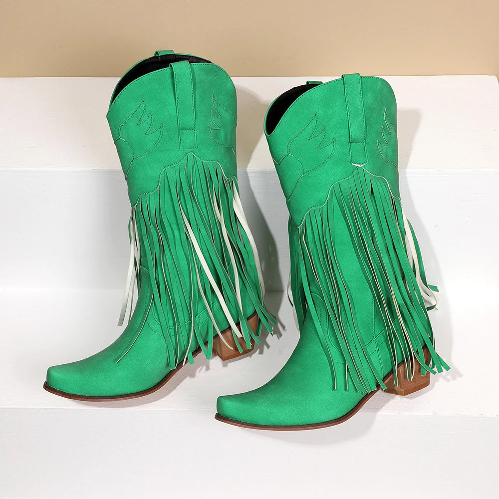 Women Mid-calf Cowboy Boots Retro Leather Tassel High Western Botas Winter Pointed Chunky Heels Booties Fashion Ladies Shoes Good Vibrations