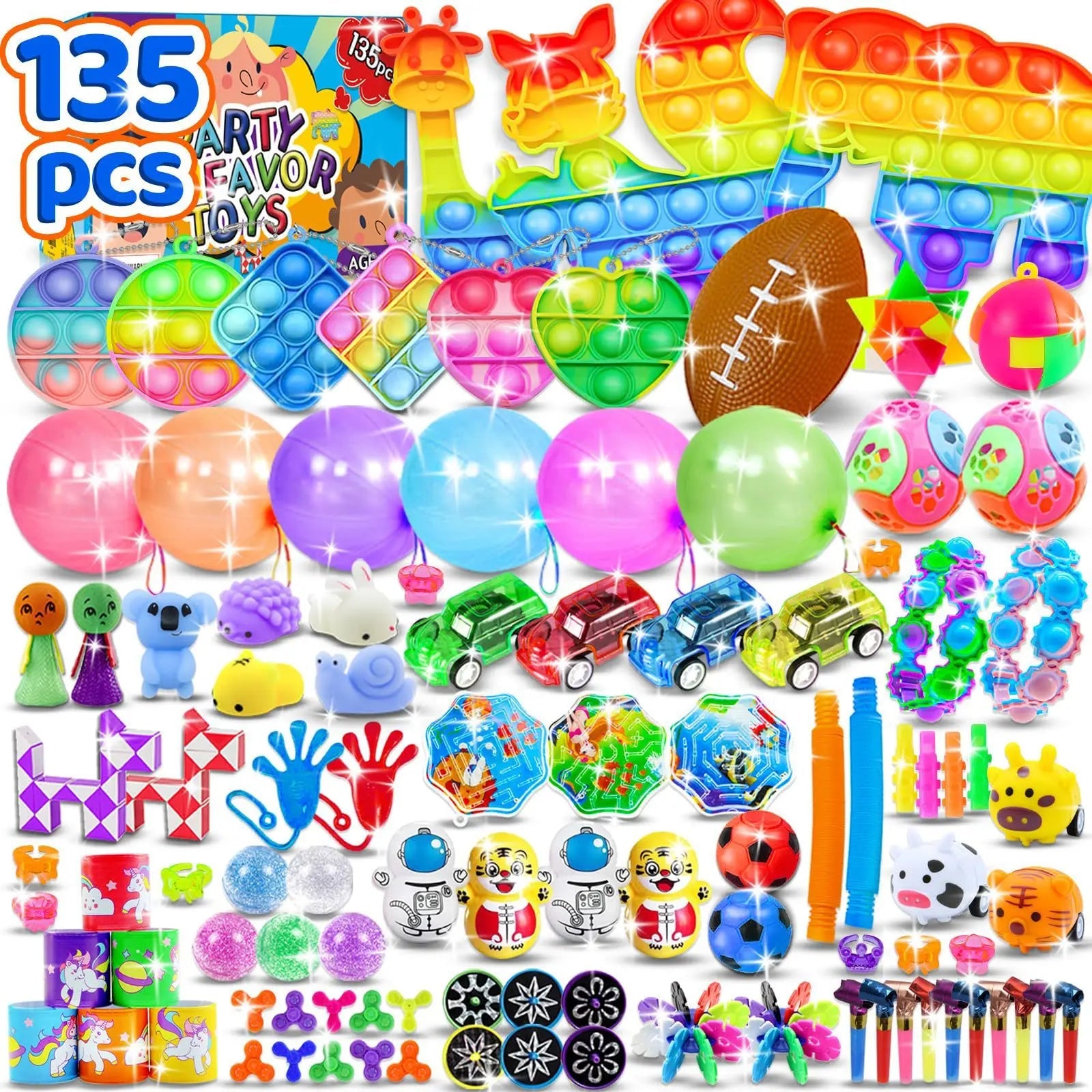 117/124/135pc Kids Birthday Pinata Toys Snap Bracelets Push Bubble Fidget Toys Carnival Prize Pinata Filler Bulk Toys Kids Gifts Good Vibrations