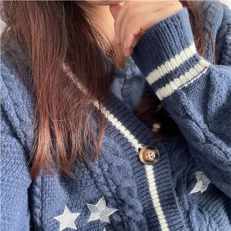 Y2k Sweaters Women Autumn Star Embroidery Midnight Blue Cardigan Fashion Warm Loose Fit Lover Cotton Knitted Cardigans Women Good Vibrations