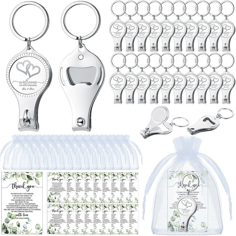 25Sets Nail Clipper Wedding Favors Brewery Cards White Organza Bags Wedding Multi Function Bottle Opener For Party Supplies Good Vibrations