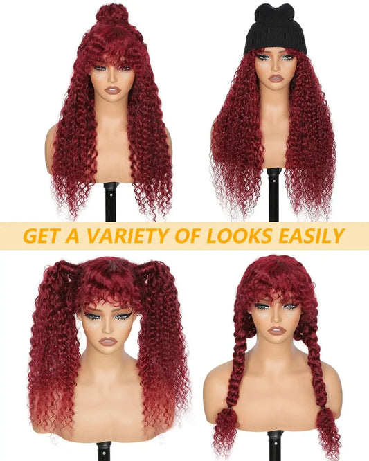 Glueless 200% Density 99J Burgundy Full Machine Made Deep Wave Wig with Bangs Water Wave Red Curly Human Hair Wigs Wear and Go Good Vibrations