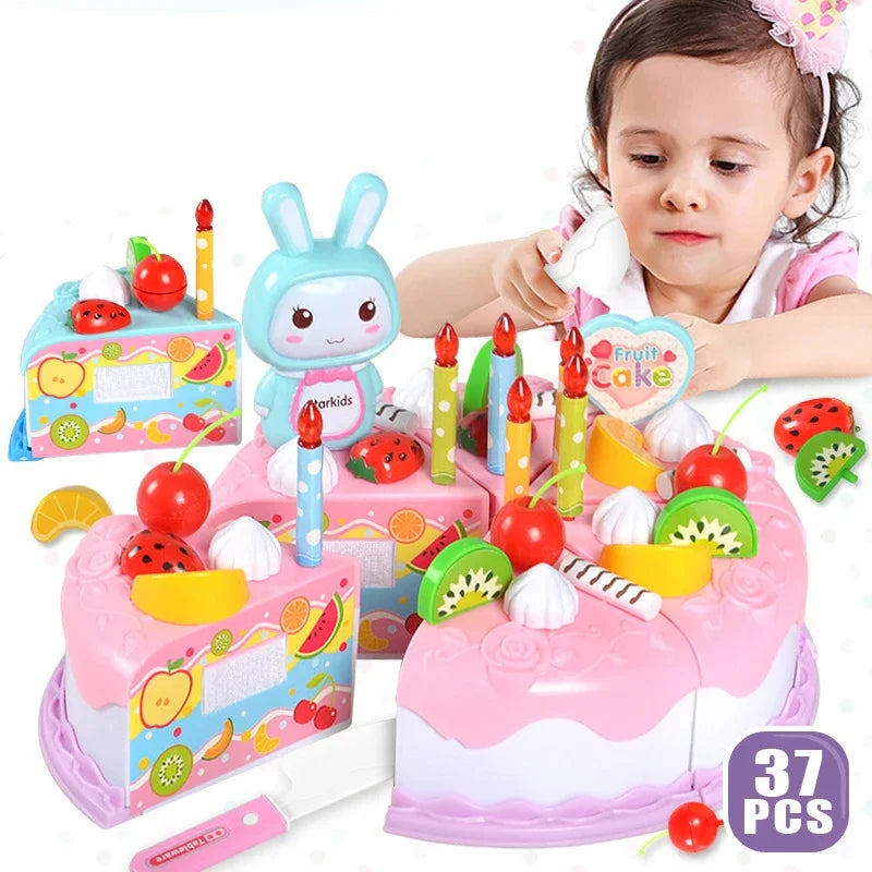 Kids Toy Simulation DIY Birthday Cake Model Kitchen Pretend Play House Cutting Fruit Food Toy for Toddler Children Gift Boy Girl Good Vibrations