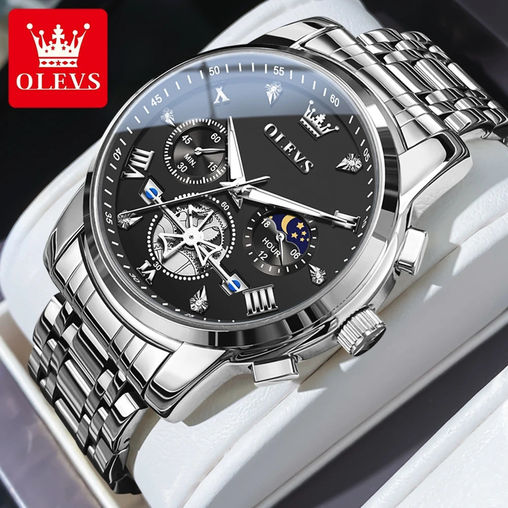 OLEVS Men's Watches Classic Multifunctional Fltwheel Chronograph Original Quartz Wristwatch Moon Phase 24 Hour Waterproof reloj Good Vibrations