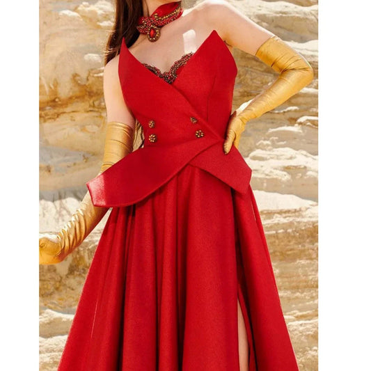 Formal Red Evening Dresses For Women Chic Sleeveless Pleat Beading Draped Gowns Luxury Floor Special Occasion Long Dress Vestido Good Vibrations