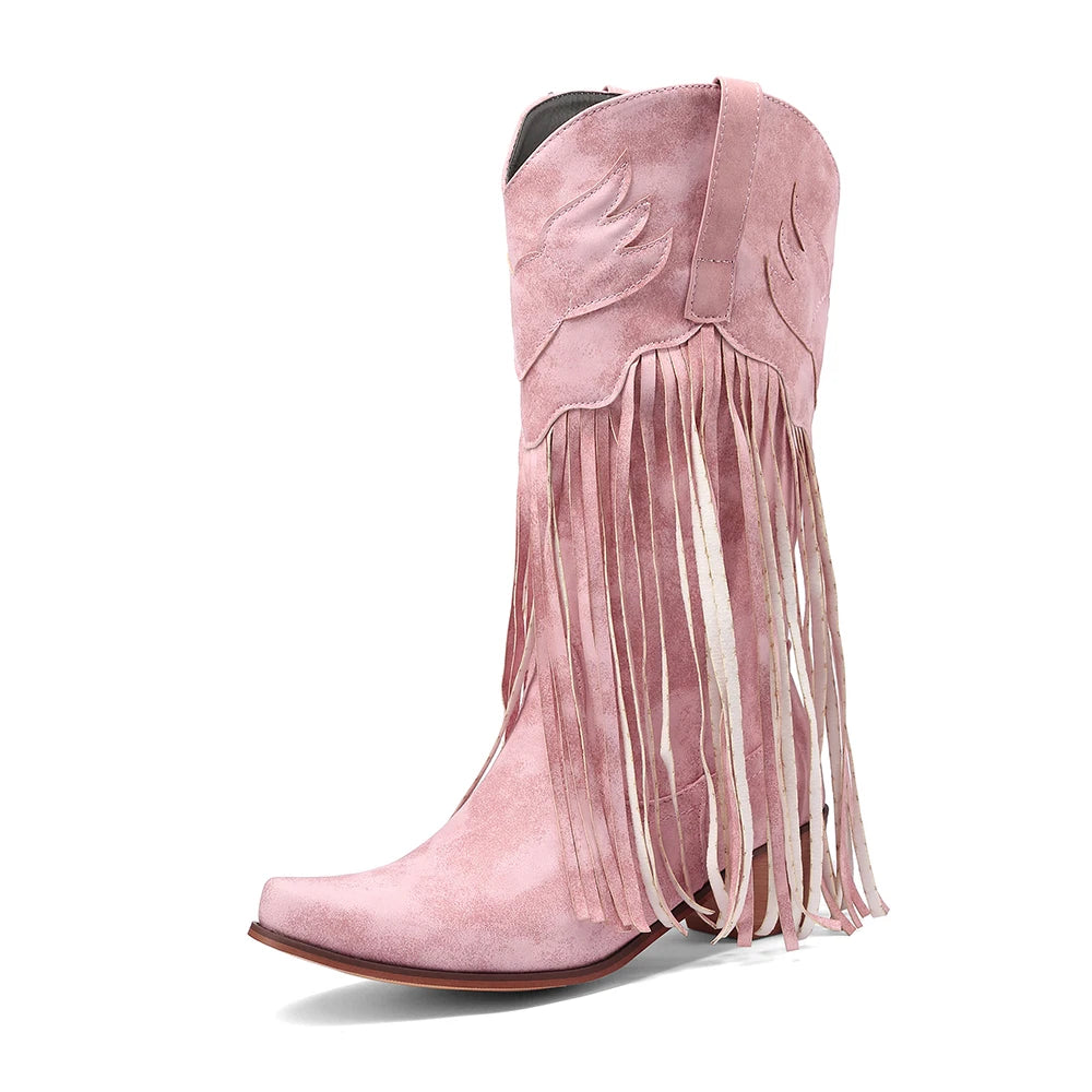 Women Mid-calf Cowboy Boots Retro Leather Tassel High Western Botas Winter Pointed Chunky Heels Booties Fashion Ladies Shoes Good Vibrations