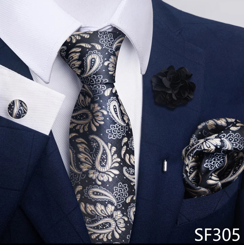 Luxury Mens Ties Floral Black Gold Ties Paisley NeckTie Pocket Square Cufflinks Brooch Set Men's Wedding Party Tie Good Vibrations