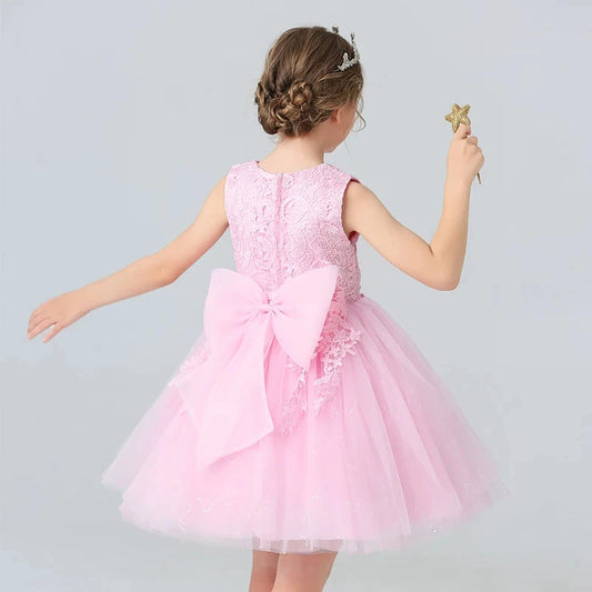 BX8991 White Lace Flower Girl Dress Bows Children's First Communion Dress Girls Sleeveless Princess Dresses Good Vibrations