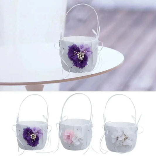 Wedding Bowknot Faux Pearl Flower Girl Basket With Heart Shape Decor Pink Good Vibrations