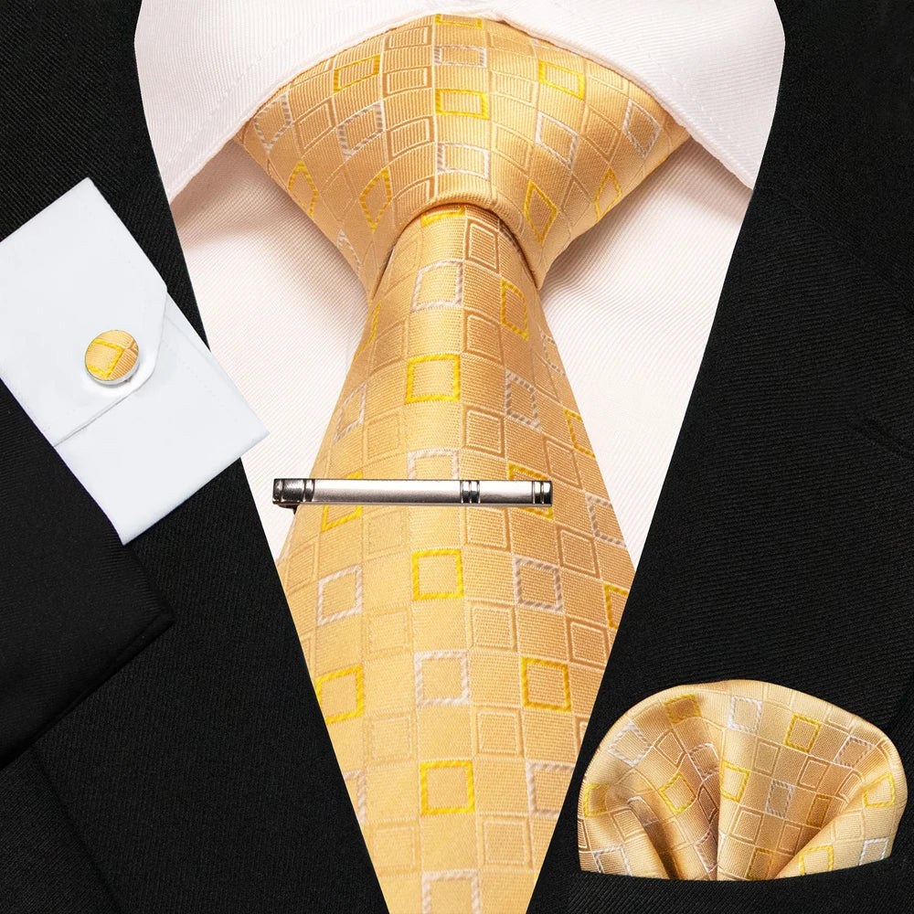 8cm Silk Mens Ties Green Black Ties plaid stripe NeckTie Pocket Square Cufflinks Tie clips Set Men's Wedding business Party Tie Good Vibrations