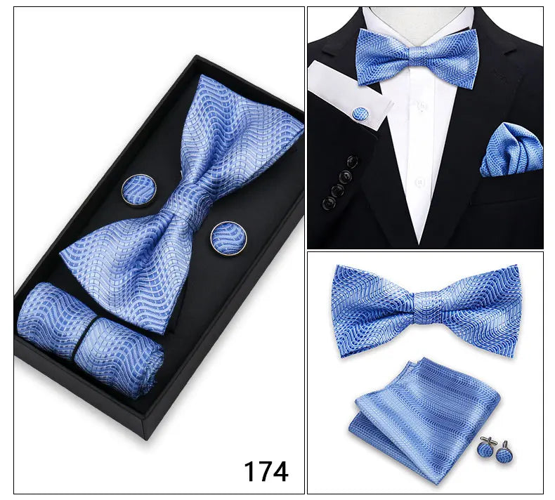 Bowtie For Men Set Gift Box Business Gift Fashion Bow Tie Pocket Square Cufflinks Set Bowtie 3pcs For Wedding Hanky Cravata Neck Good Vibrations