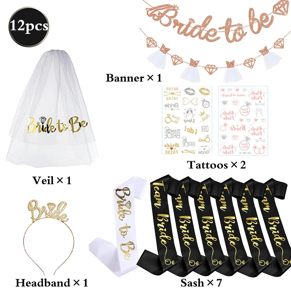Hen Party Supplies Set Bride To Be Sash Bridal Veil Headband Tiara Tattoos Bridal Shower Wedding Decoration Bachelorette Favors Good Vibrations