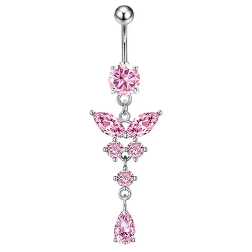 Fashion Pink Crystal Crown Belly Button Rings Stainless Steel Long Pendant Butterfly Heart Navel Piercing for Women Jewelry Good Vibrations Adult Super Store