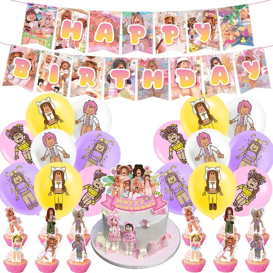 4Pcs Game Roblox Birthday Party Decorations Flag Banners Cake Toppers Balloons Spiral Pendants Invitation Cards Decorative Items Good Vibrations