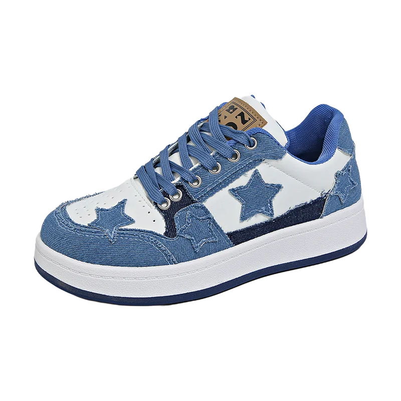 Women's Fashion Sneakers Spring New Denim Spliced Front Lace-Up Platform Non-Slip Wear-Resistant Flat Single Shoes Good Vibrations