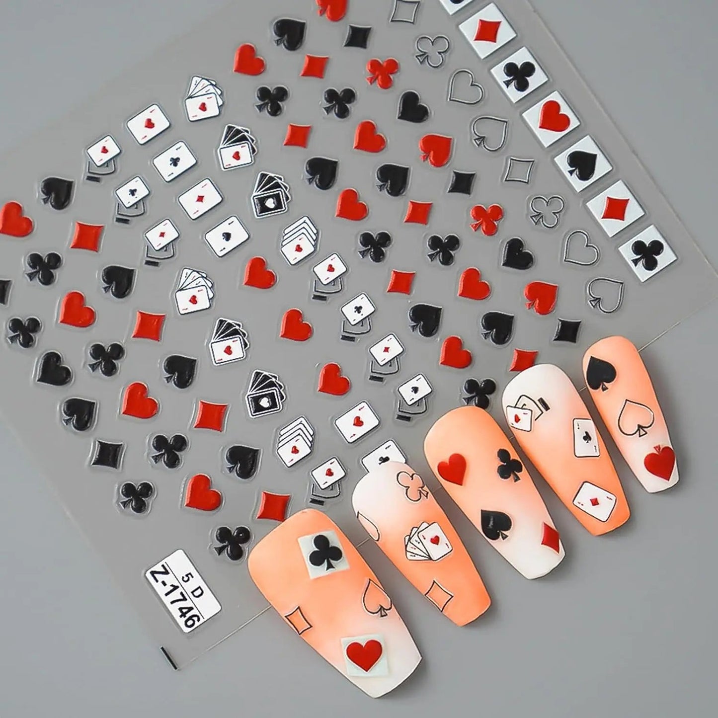 Poker Playing Card Nail Art Stickers 5D Embossed Nail Decoration DIY for Manicure Poker Suit Design Decals Self-Adhesive Supply Good Vibrations