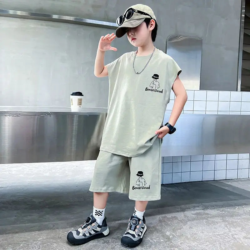 Boys' loose sleeveless vest set summer thin cartoon comic portrait boys' tank top and shorts two-piece set children's clothing Good Vibrations