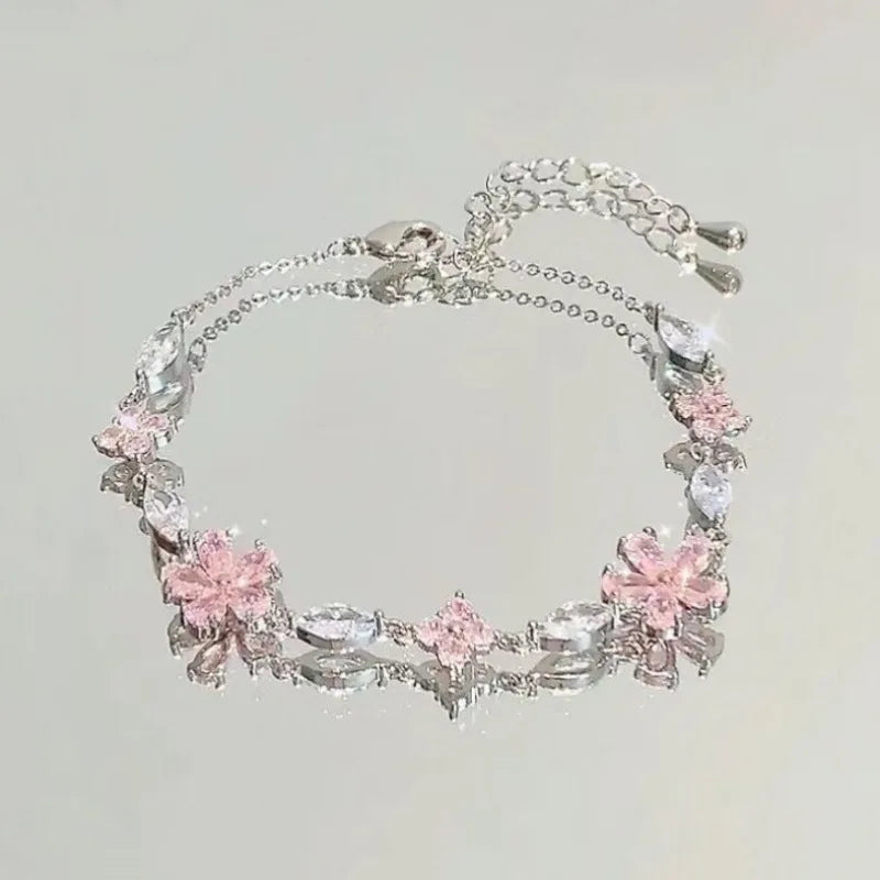 Elegant Crystal Flowers Bracelet For Women Y2K Sweet Girls Moon Cherry Blossom Bow Zircon Bracelets Luxury Designer Jewelry Gift Good Vibrations