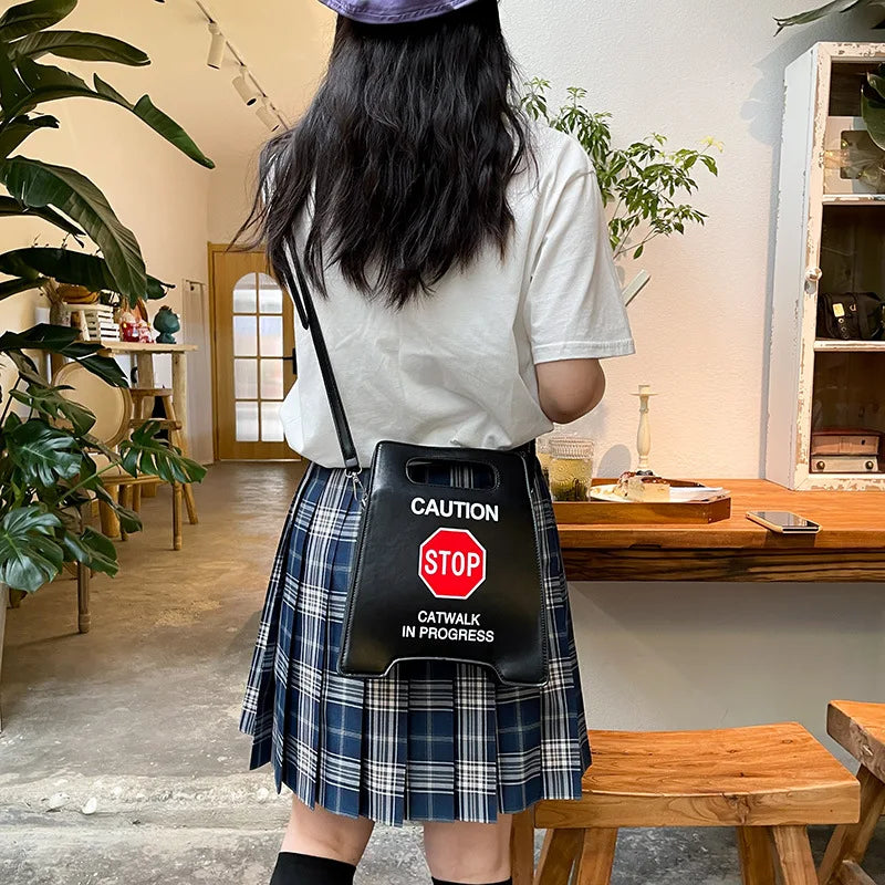 Novelty Stop Sign Purse Tote Pu Leather Handbags Women Fashion Caution Catwalk In Progress Crossbody Bag Messenger Purses Good Vibrations