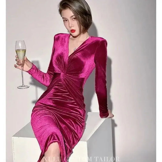 Golden Velvet Fashionable Temperament Long Sleeved Dress GOOD Vibrations