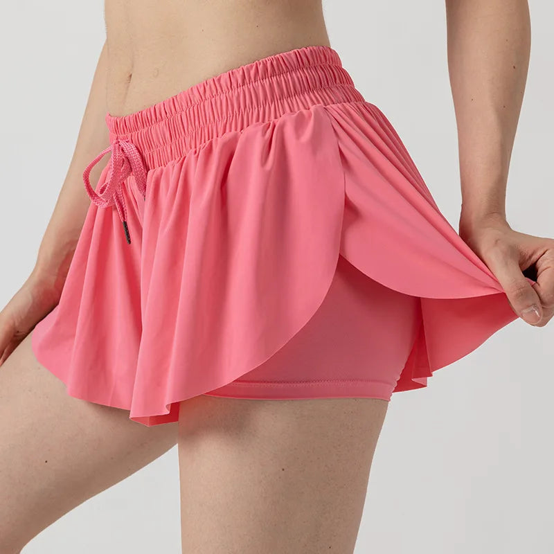 2 in 1 Flowy Sports Shorts Women Running Short Butterfly Tennis Skirt with Pockets Gym Yoga Athletic Biker Spandex Skirts Summer Good Vibrations